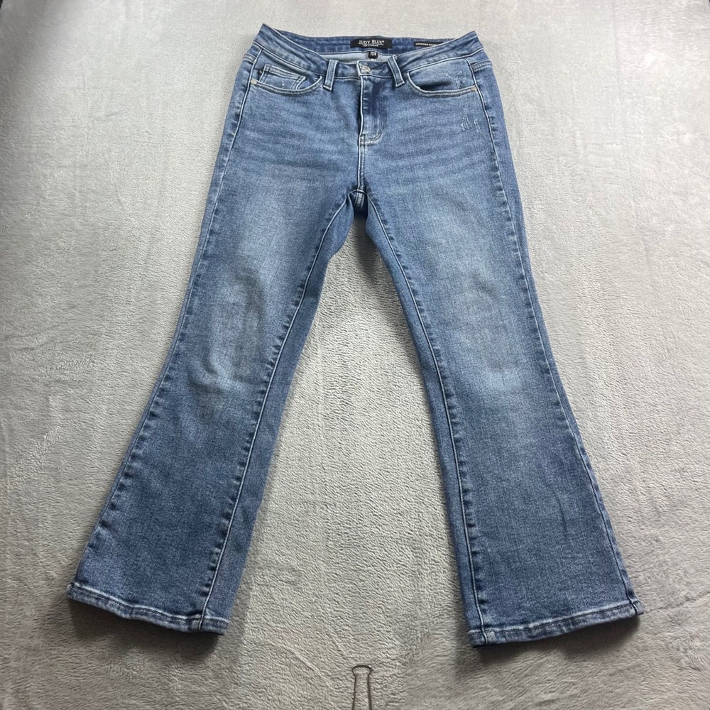 Judy Blue Cropped Bootcut Jeans Medium Wash Distressed Denim 7/28 JB88249 MD
